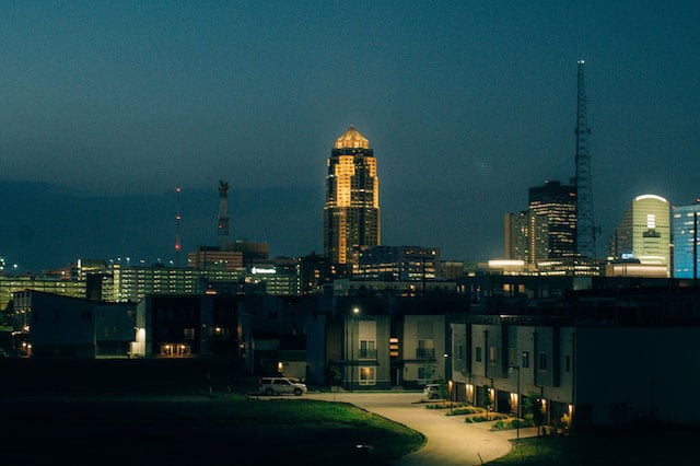 Skyscraper building lit up at night
