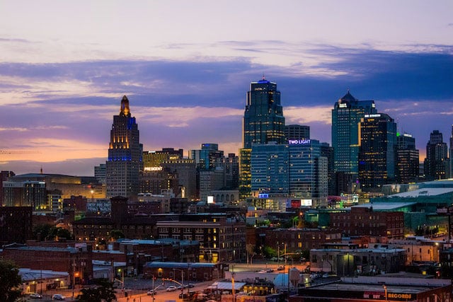 Downtown Kansas City at nighttime with lit-up buildings