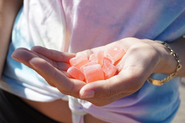 Close-up photograph of cannabis gummies.