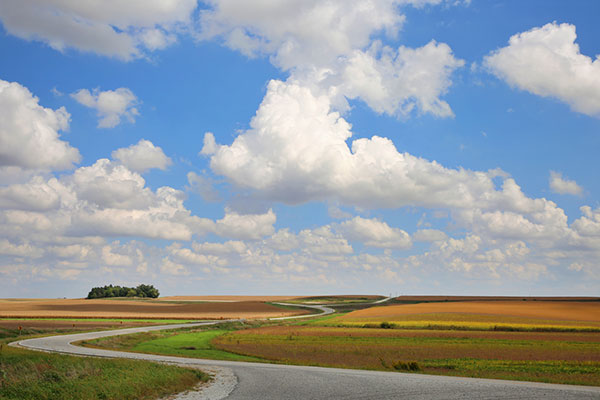 Prairie landscape with beautiful cumulus clouds in Nebraska