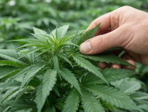 a hand plucking a leaf for cannabis defoliation