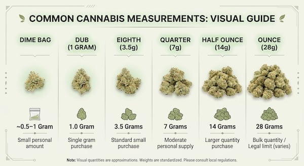 cannabis slang chart illustrating various amounts of dried bud