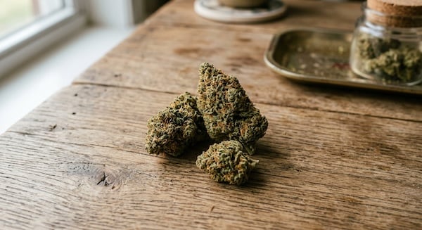 Approximately 3.5 grams of dried cannabis bud on wooden surface 